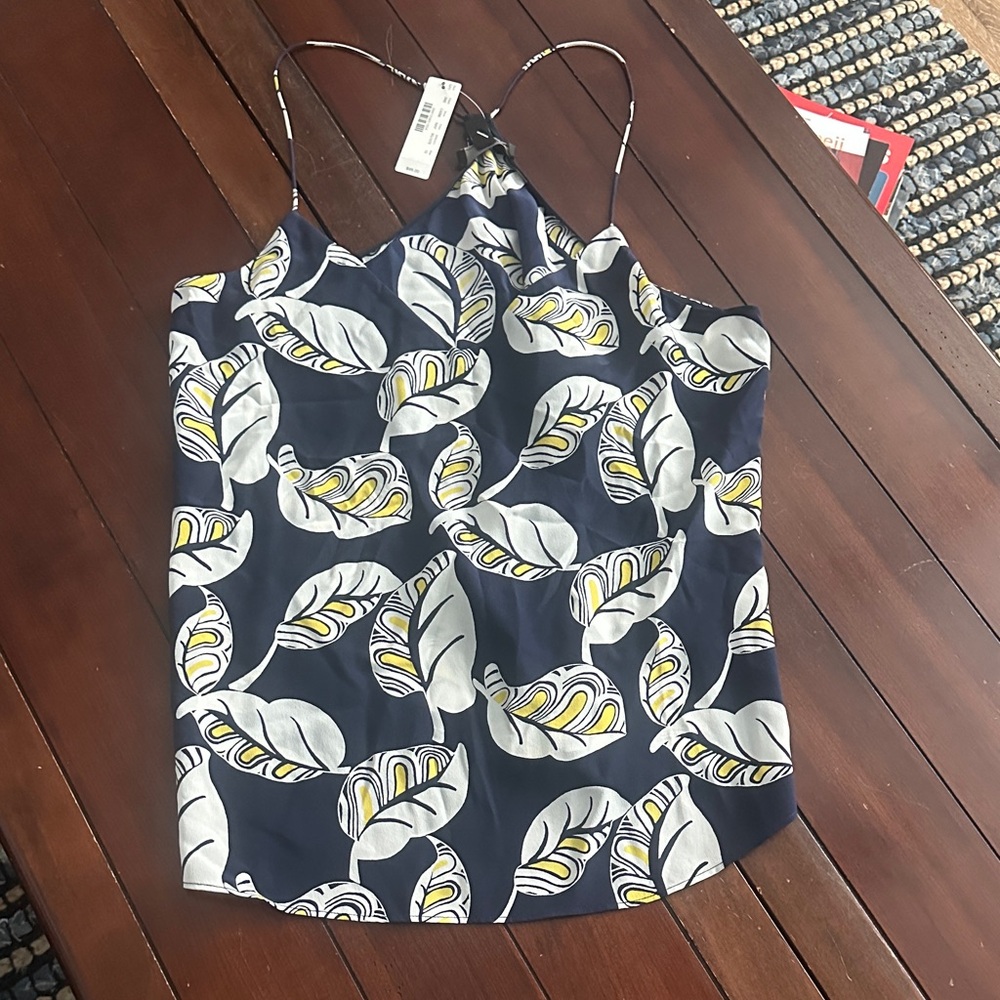 J. Crew Silk Navy Leaf-Print Cami with Yellow Accents